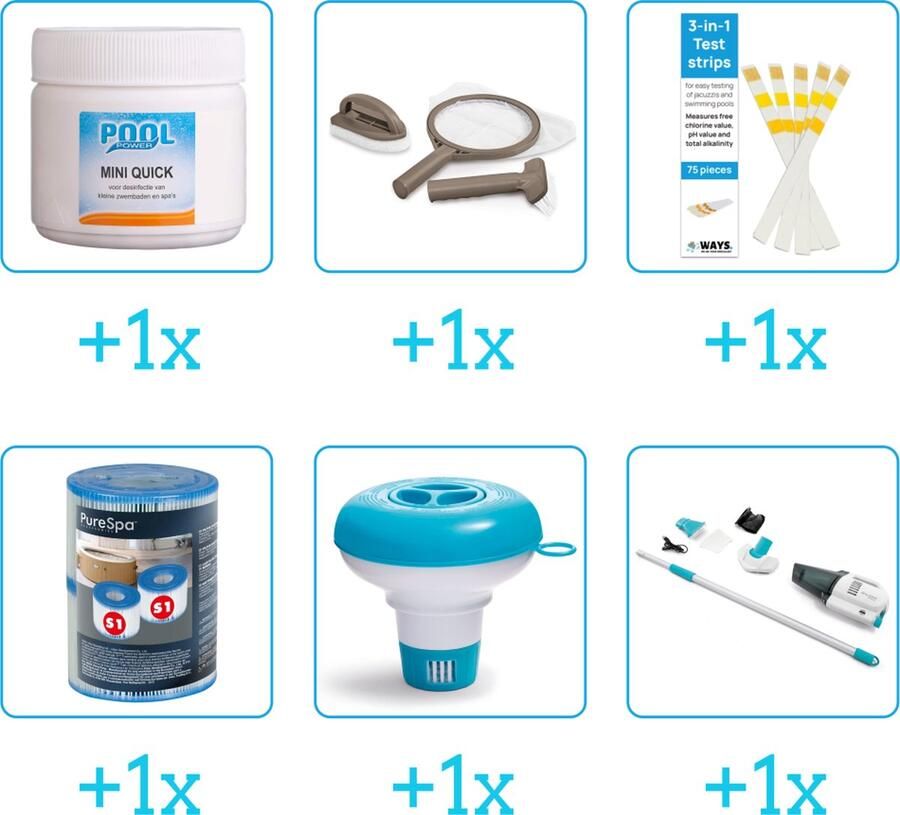 Pool Power Zwembad Onderhoudsset Startersset bevat Chloor Scrubpad Schepnet Borstel Testrips en Filters Chloordrijver Stofzuiger Spa Onderhoud Startersset Onderhoud voor Spa Geschikt voor alle type Spa's (6-delig)
