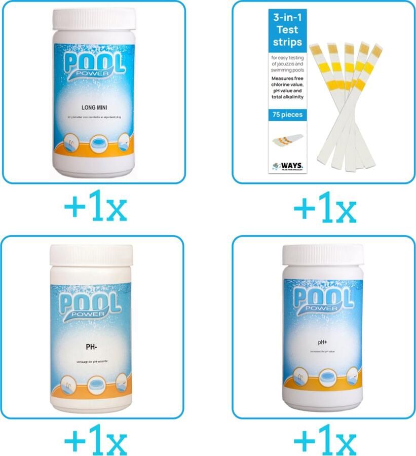 Pool Power Zwembad Onderhoudsset Startersset bevat Chloor Testrips PH-min en PH-plus Zwembad Onderhoud Starterspakket Chloortabletten Ideaal voor Opzetzwembaden Voor zwembaden van 2500 tot 25.000 liter (4-delig)