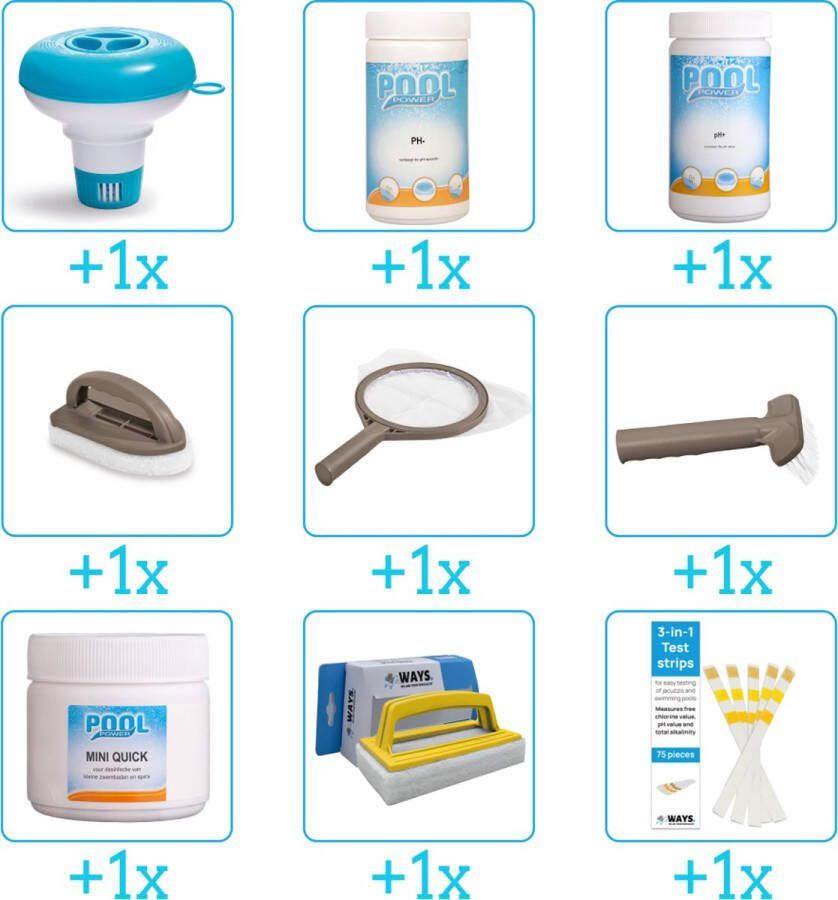 Pool Power Spa Onderhoudsset Compleet Onderhoudspakket bevat Chloor Scrubpad Schepnet Borstel Scrubborstel Testrips Chloordrijver PH-min en PH-plus (9-delig)