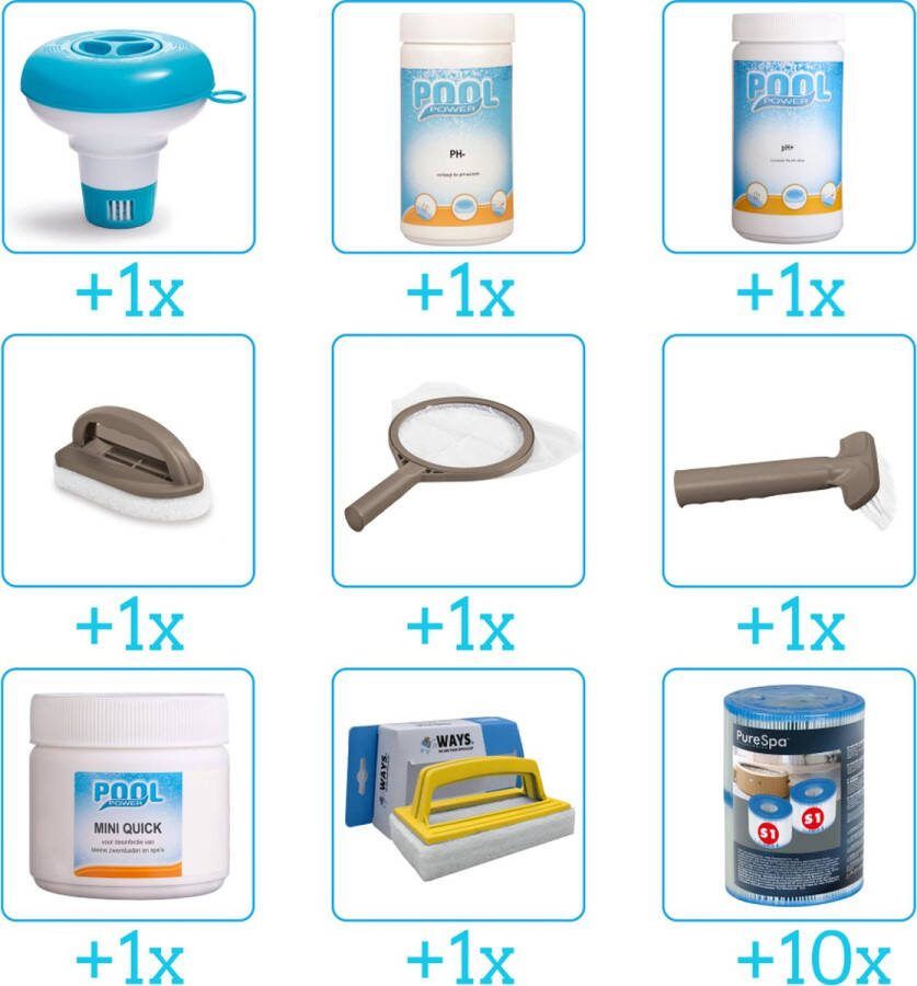 Pool Power Spa Onderhoudsset Compleet Onderhoudspakket bevat Chloor Scrubpad Schepnet Borstel Scrubborstel Filters Chloordrijver PH-min en PH-plus (9-delig)