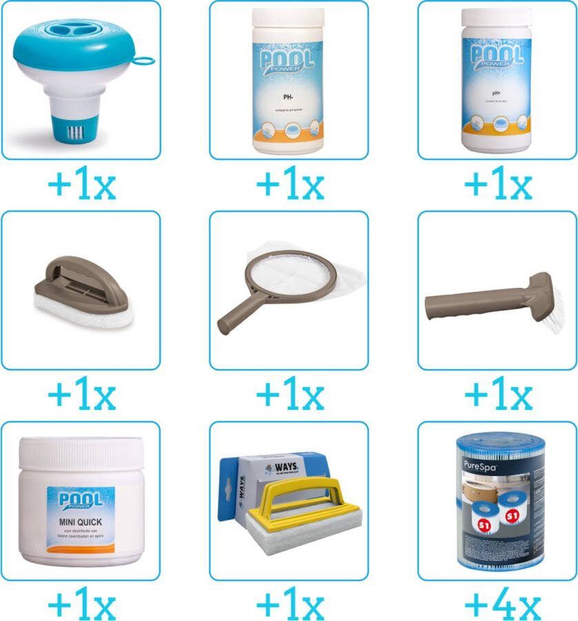Pool Power Spa Onderhoudsset Compleet Onderhoudspakket bevat Chloor Scrubpad Schepnet Borstel Scrubborstel Filters Chloordrijver PH-min en PH-plus (9-delig)
