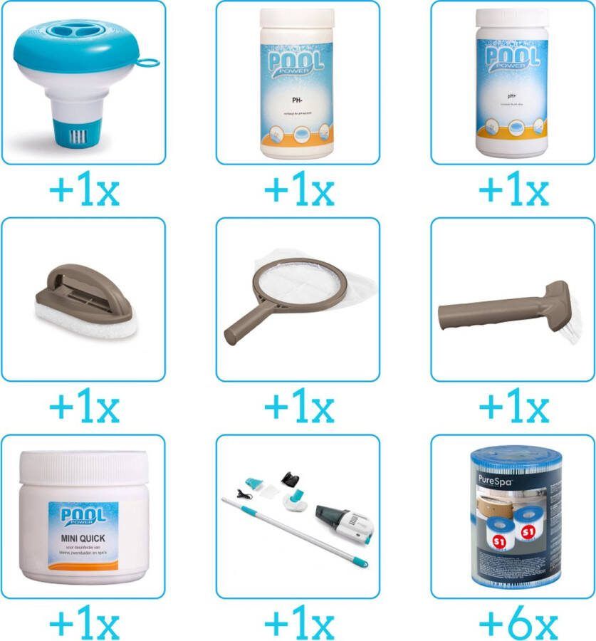 Pool Power Spa Onderhoudsset Compleet Onderhoudspakket bevat Chloor Scrubpad Schepnet Borstel Stofzuiger Filters Chloordrijver PH-min en PH-plus (9-delig)