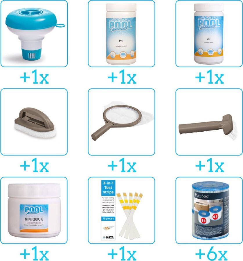 Pool Power Spa Onderhoudsset Compleet Onderhoudspakket bevat Chloor Scrubpad Schepnet Borstel Testrips Filters Chloordrijver PH-min en PH-plus (9-delig)