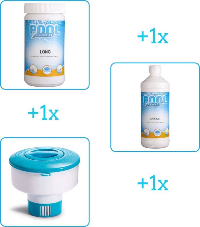 Pool Power Zwembad Onderhoudsbundel Zwembad Onderhoud Starterspakket bevat Chloor Anti Alg en Chloordrijver Ideaal voor grote Zwembaden (3-delig)