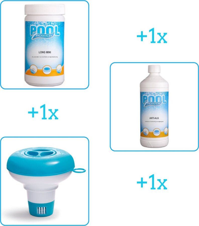 Pool Power Zwembad Onderhoudsbundel Zwembad Onderhoud Starterspakket bevat Chloor Anti Alg en Chloordrijver Ideaal voor Opzetzwembaden (3-delig)
