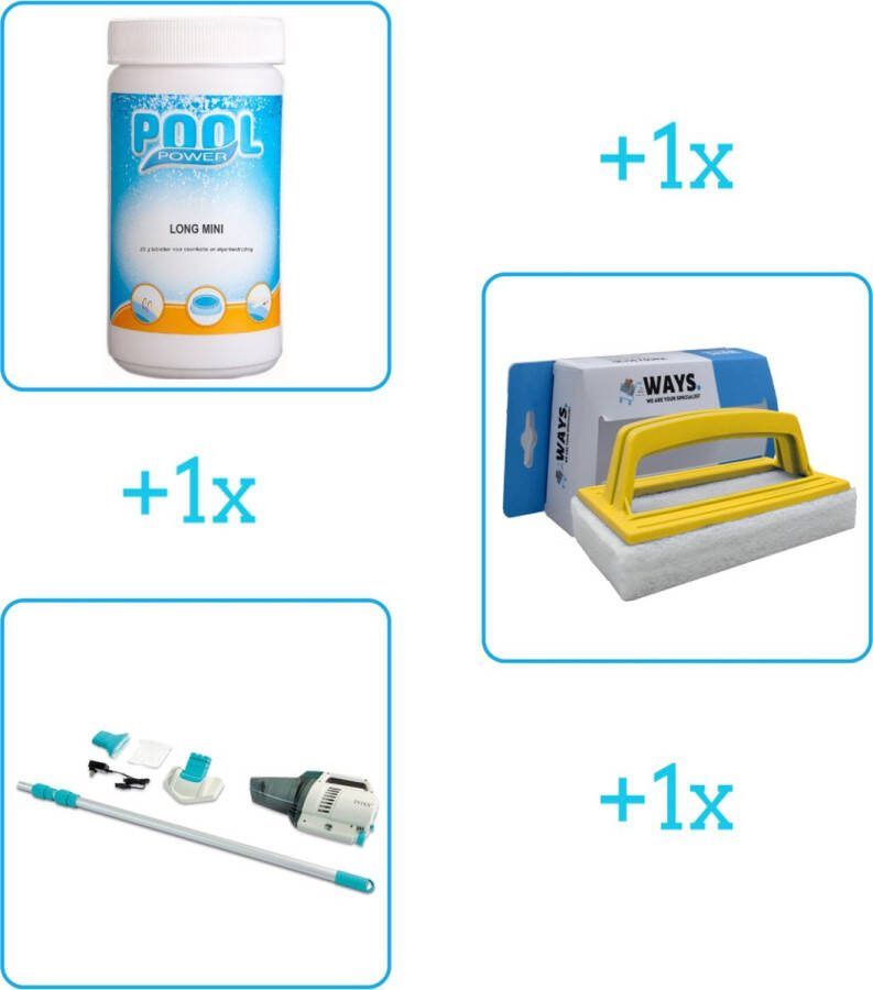 Pool Power Zwembad Onderhoudsbundel Zwembad Onderhoud Starterspakket bevat Chloor Scrubborstel en Stofzuiger Ideaal voor Opzetzwembaden (3-delig)
