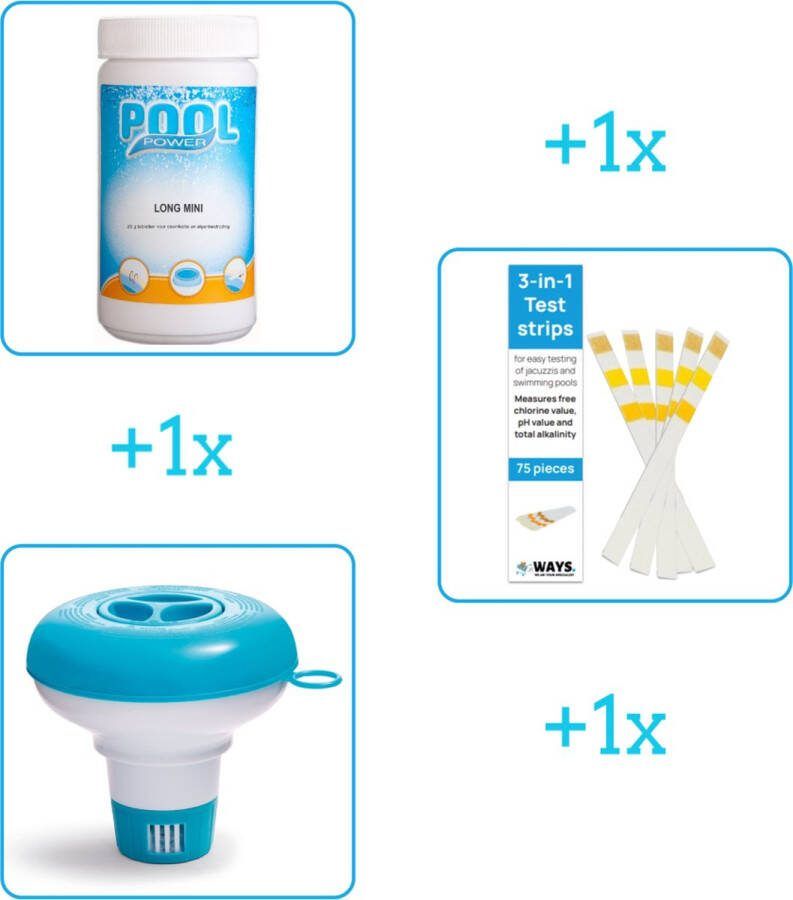 Pool Power Zwembad Onderhoudsbundel Zwembad Onderhoud Starterspakket bevat Chloor Testrips en Chloordrijver Ideaal voor Opzetzwembaden (3-delig)