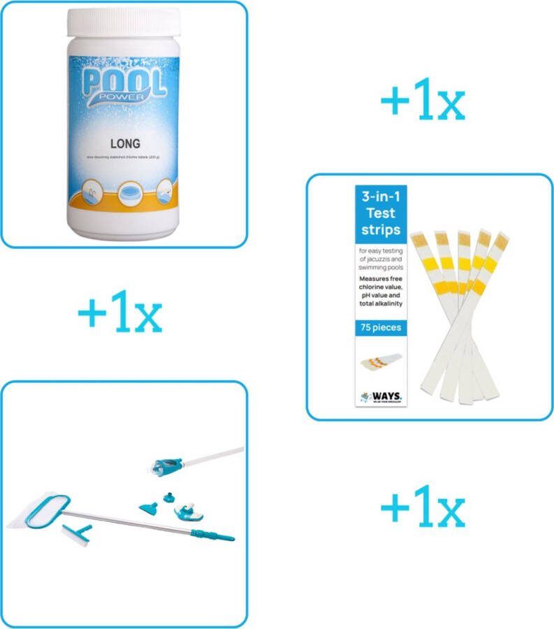 Pool Power Zwembad Onderhoudsbundel Zwembad Onderhoud Starterspakket bevat Chloor Testrips en Schoonmaakset Ideaal voor grote Zwembaden (3-delig)