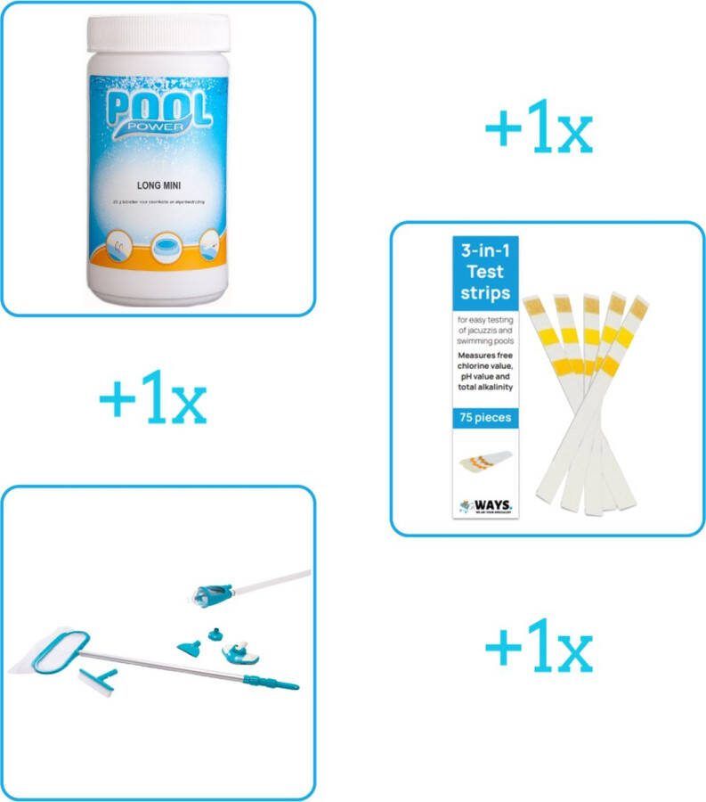 Pool Power Zwembad Onderhoudsbundel Zwembad Onderhoud Starterspakket bevat Chloor Testrips en Schoonmaakset Ideaal voor Opzetzwembaden (3-delig)