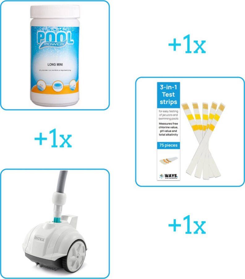 Pool Power Zwembad Onderhoudsbundel Zwembad Onderhoud Starterspakket bevat Chloor Testrips en Stofzuiger Ideaal voor Opzetzwembaden (3-delig)