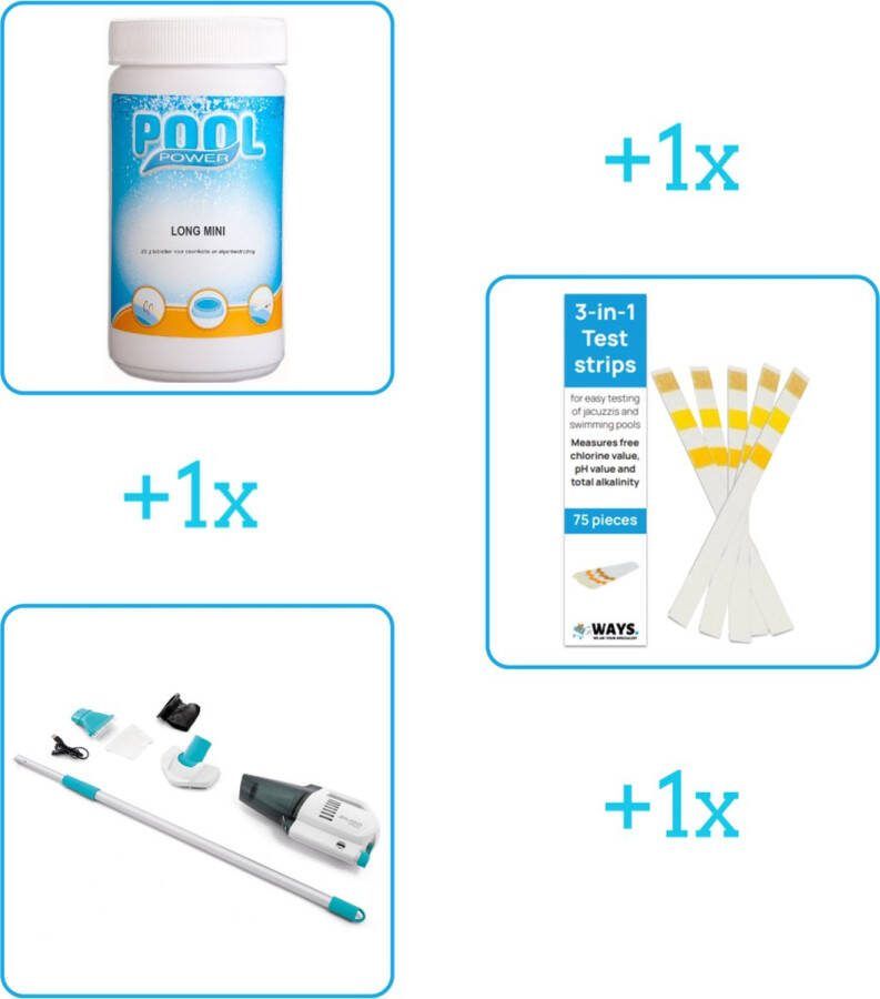 Pool Power Zwembad Onderhoudsbundel Zwembad Onderhoud Starterspakket bevat Chloor Testrips en Stofzuiger Ideaal voor Opzetzwembaden (3-delig)