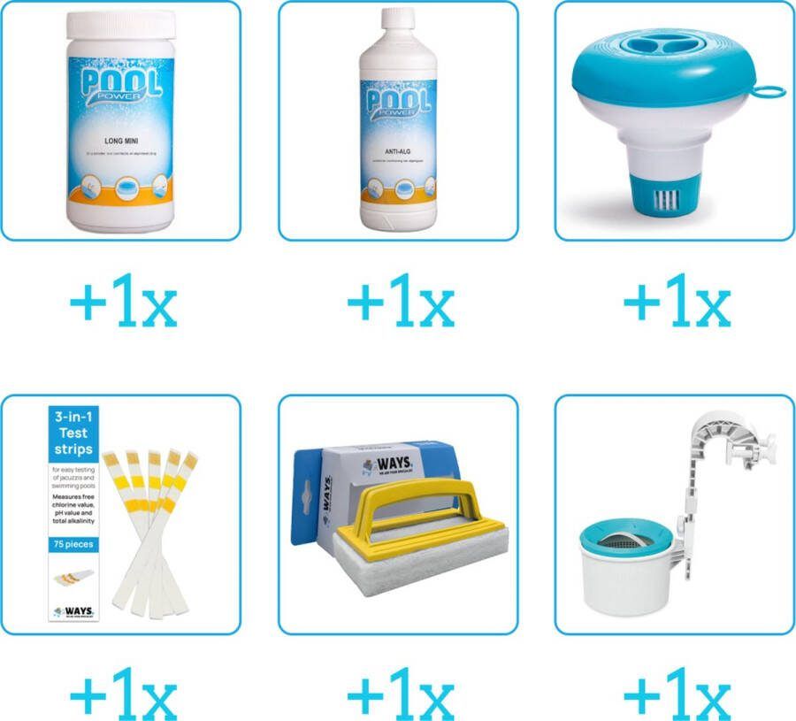 Pool Power Zwembad Onderhoudsset Startersset bevat Chloor Algen Chloordrijver en Testrips Scrubborstel Skimmer Zwembad Onderhoud Starterspakket Chloortabletten Ideaal voor Opzetzwembaden Voor zwembaden van 2500 tot 25.000 liter (6-delig)