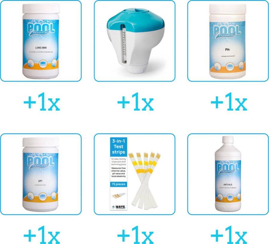Pool Power Zwembad Onderhoudsset Startersset bevat Chloor Chloordrijver PH-min en PH-plus Testrips Algen Zwembad Onderhoud Starterspakket Chloortabletten Ideaal voor Opzetzwembaden Voor zwembaden van 2500 tot 25.000 liter (6-delig)
