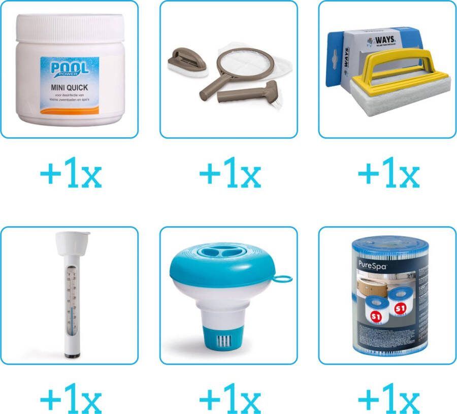 Pool Power Zwembad Onderhoudsset Startersset bevat Chloor Scrubpad Schepnet Borstel Scrubborstel en Thermometer Chloordrijver Filters Spa Onderhoud Startersset Onderhoud voor Spa Geschikt voor alle type Spa's (6-delig)
