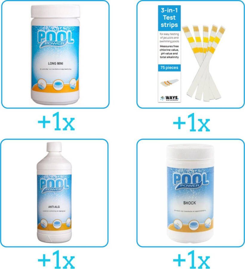 Pool Power Zwembad Onderhoudsset Startersset bevat Chloor Testrips Algen en Chloor Zwembad Onderhoud Starterspakket Chloortabletten Ideaal voor Opzetzwembaden Voor zwembaden van 2500 tot 25.000 liter (4-delig)