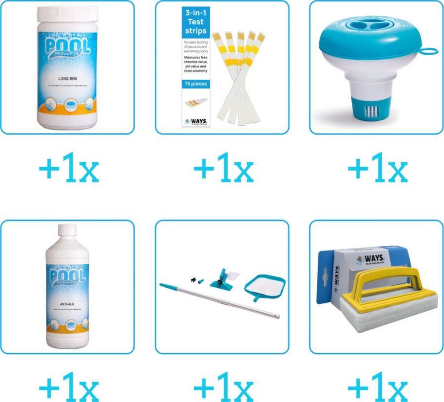 Pool Power Zwembad Onderhoudsset Startersset bevat Chloor Testrips Chloordrijver en Algen Schoonmaakset Scrubborstel Zwembad Onderhoud Starterspakket Chloortabletten Ideaal voor Opzetzwembaden Voor zwembaden van 2500 tot 25.000 liter (6-delig)