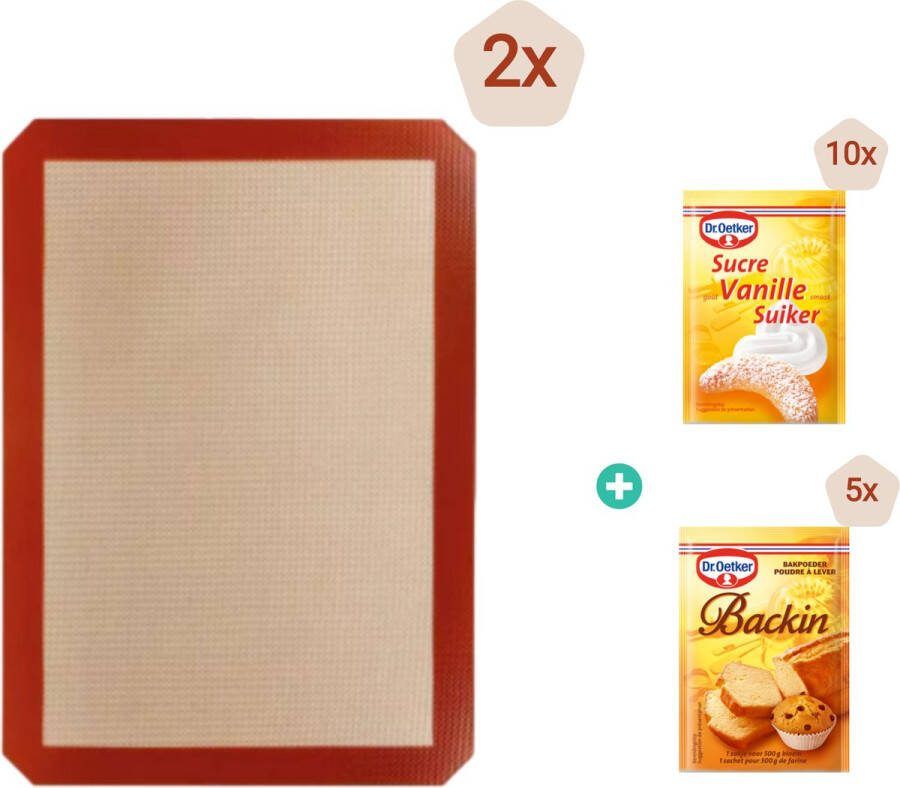Poolster Setje van twee siliconen bakmatten Inclusief 10 zakjes vanillesuiker en 5 pakjes bakpoeder – Deegmat Ovenmat Patisseriemat Afmetingen 30 x 40 cm – Onderhoudsvriendelijk – Herbruikbaar Hittebestendig tot 250°C – Beige met rode rand