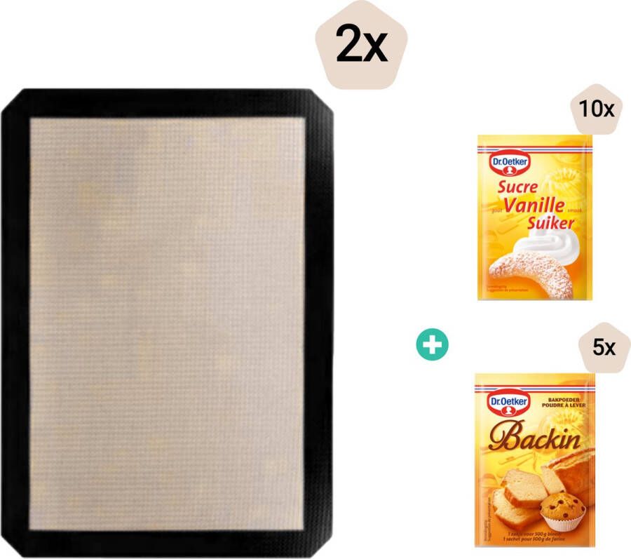 Poolster Setje van twee siliconen bakmatten Inclusief 2 bakproducten – Deegmat Ovenmat Patisseriemat 30 x 40 cm – Onderhoudsvriendelijk – Herbruikbaar Hittebestendig tot 250°C – Beige met zwarte rand met 10 pakjes suiker en 5 pakjes bakpoeder