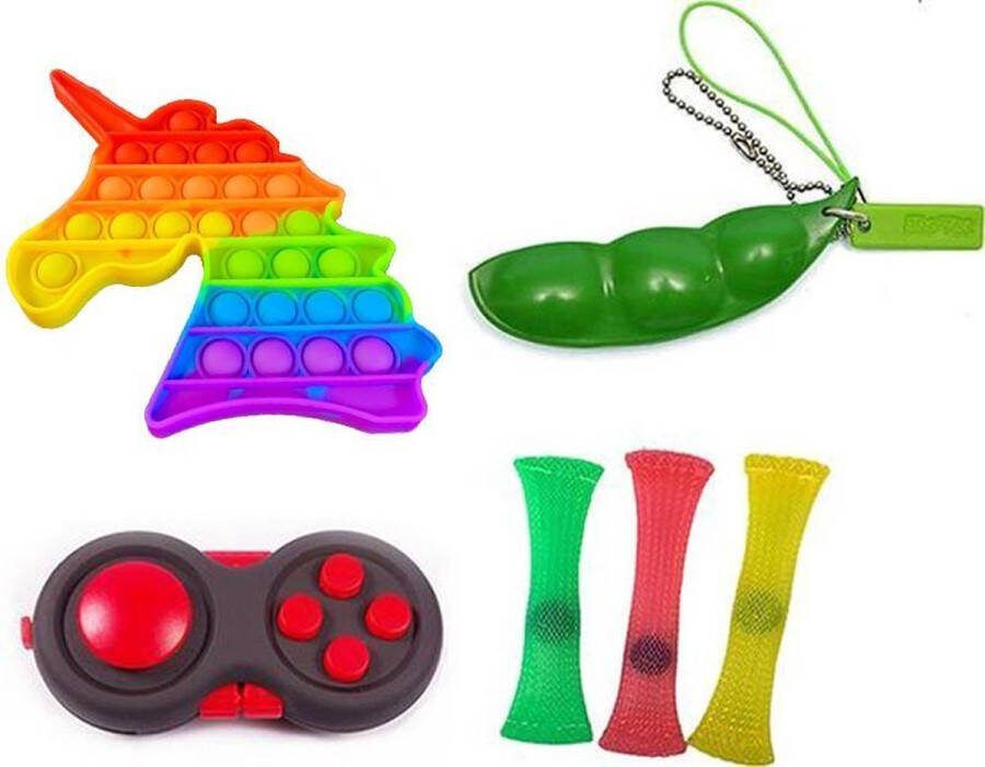 Pop All Up Fidget toys pakket set Pop it unicorn regenboog Fidget toys box 6 Delig Boontjes fidget toy Pea popper Mesh and marble Fidget pad Incl unieke speluitleg!