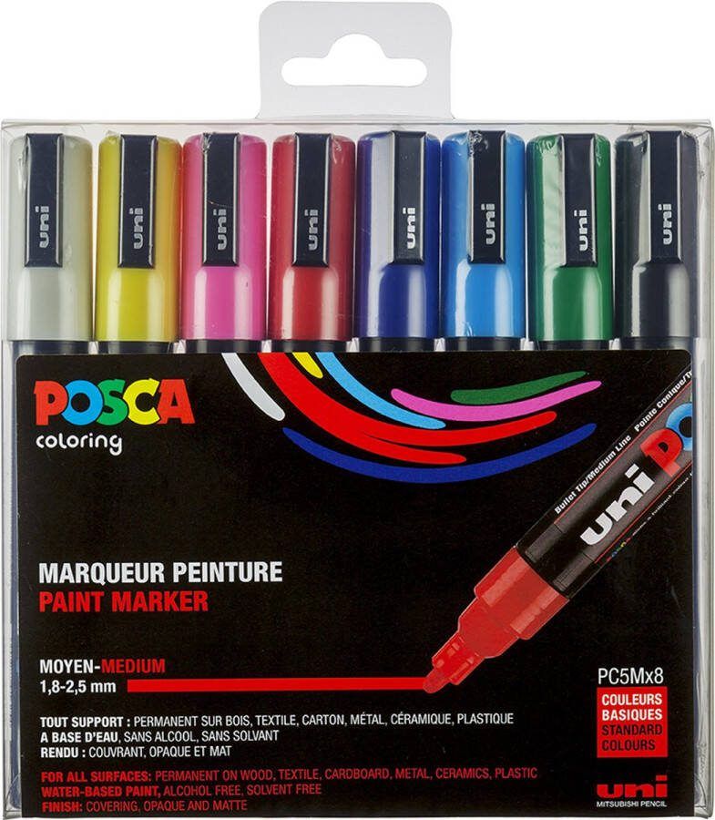 Posca paintmarker PC-5M set van 8 markers in geassorteerde basiskleuren
