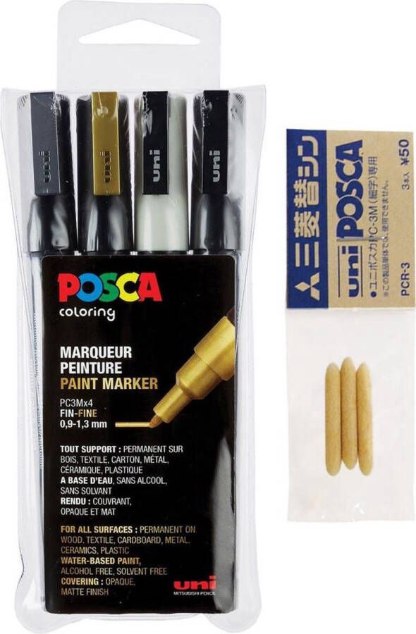 Posca PC-3M Marker set – Wit zwart goud zilver + 3 vervangbare tips