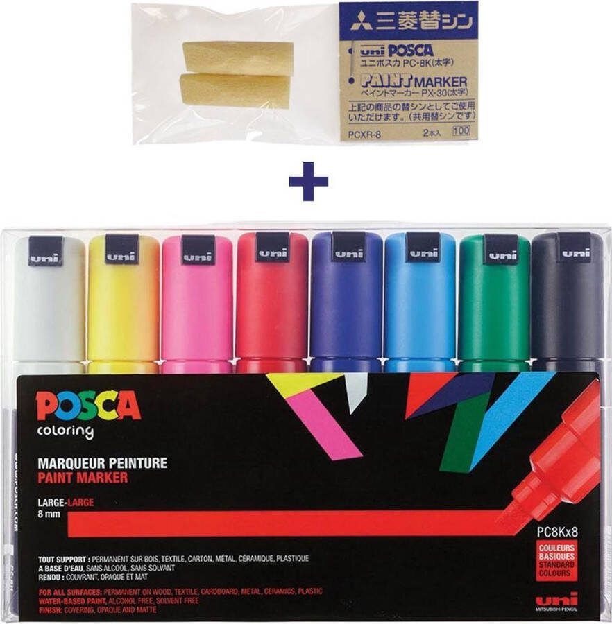 Posca PC-8K 8mm 8x Marker Set + 2 vervangbare tips