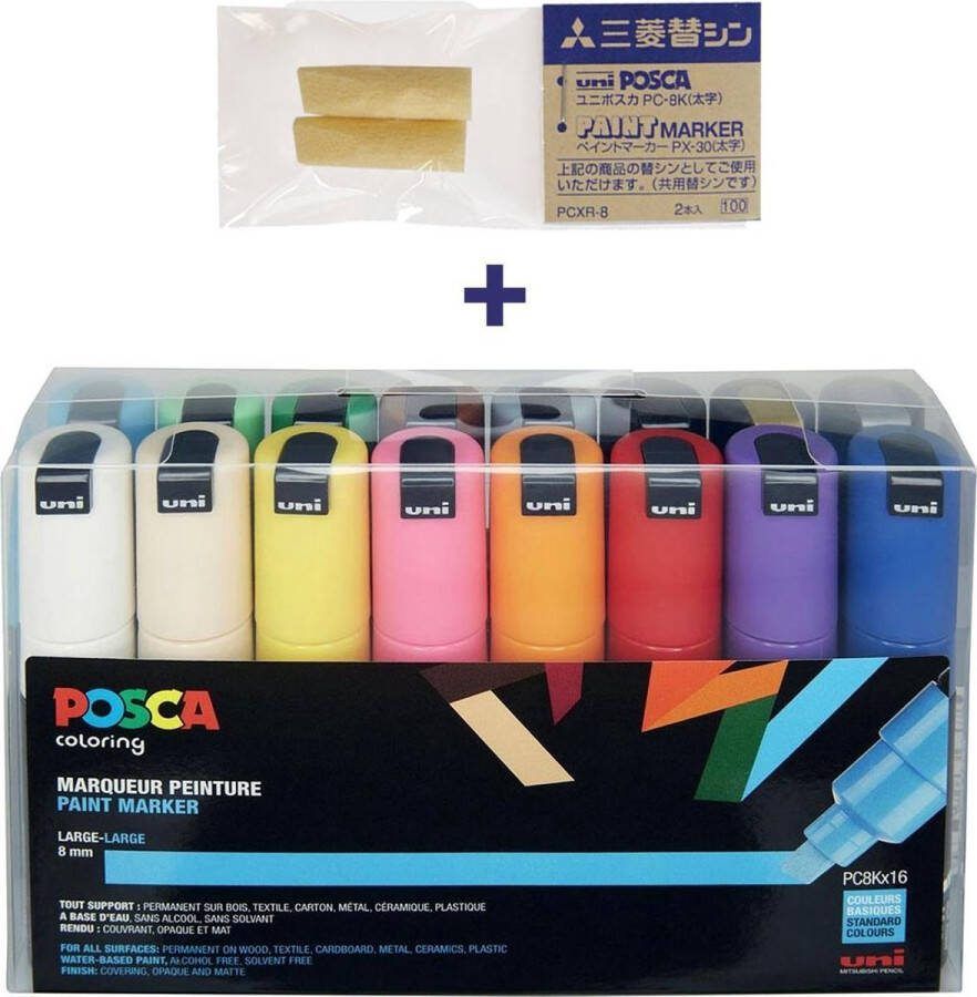 Posca PC-8K Marker set – 16 kleuren + 2 vervangbare tips