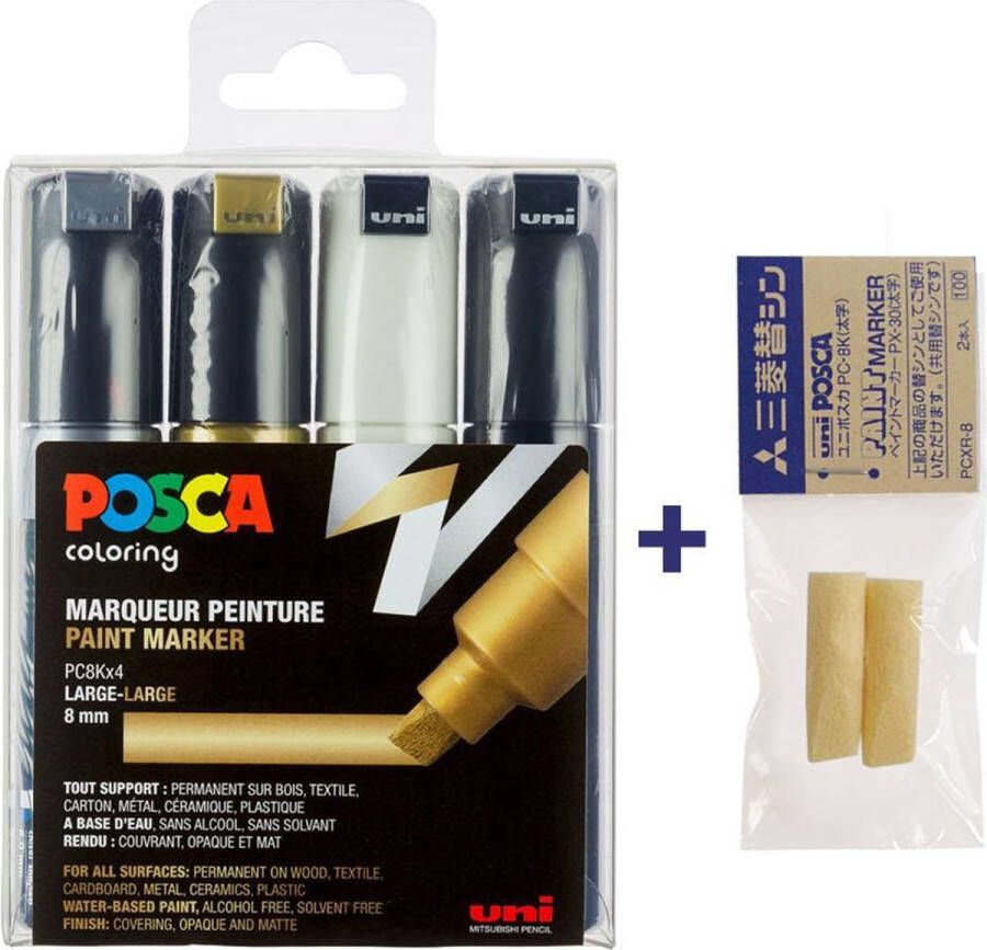 Posca PC-8K Marker set – Zwart wit goud zilver + 2 vervangbare tips