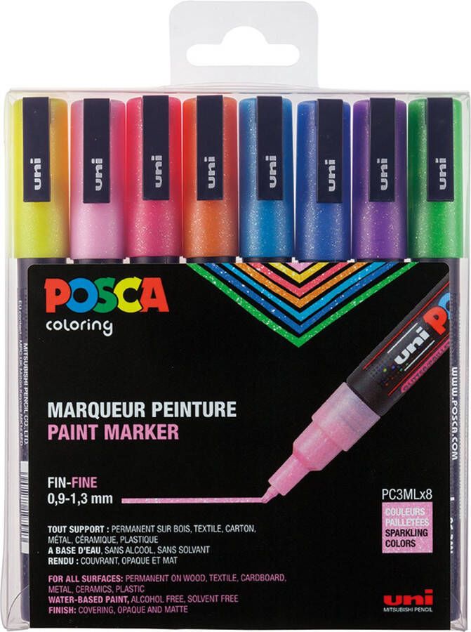 Uni Posca PC3M Fine Tip Pen Sparkling Colors 8 pc