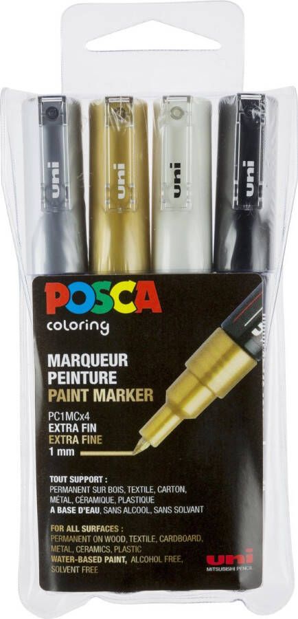 Posca paintmarker pc-1mc etui met 4 stuks in geassorteerde metallic kleuren