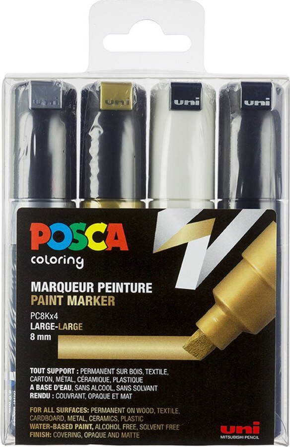 Uni Posca stiften set 8K wit zwart goud zilver