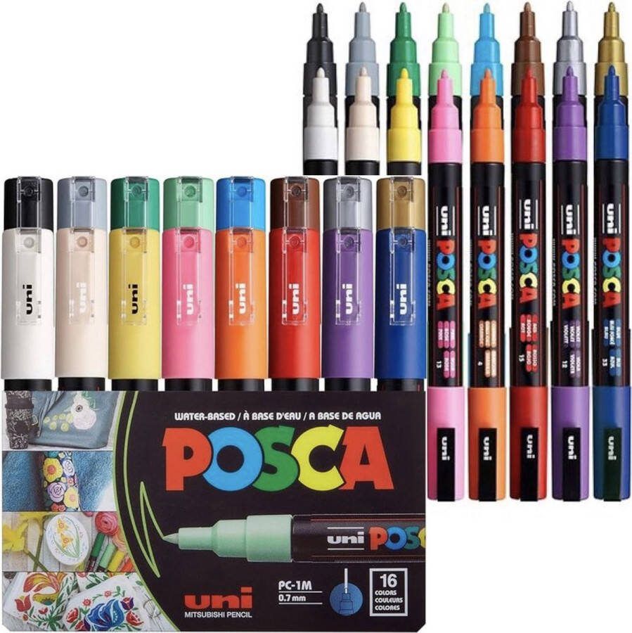 Posca Uni-ball Paint Marker extra fine op waterbasis PC-1MR doos van 16 stuks in geassorteerde kleuren