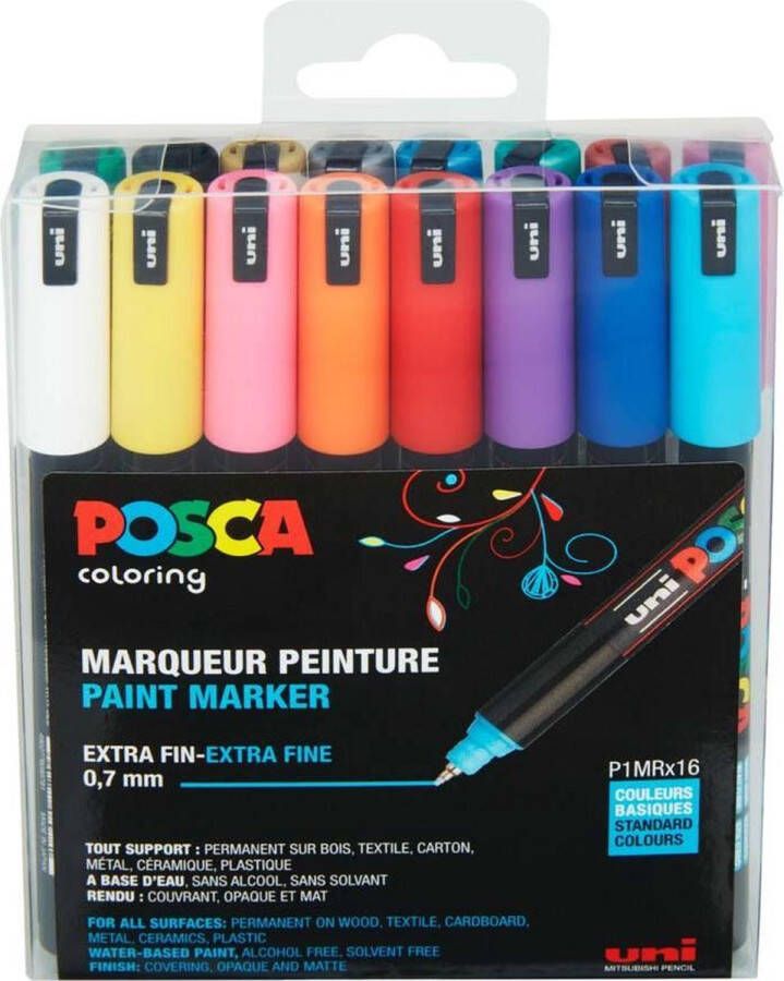 Uni Posca Uni-ball Paint Marker op waterbasis Posca PC-1MR doos van 16 stuks in geassorteerde kleuren
