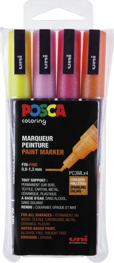 Merkloos Posca paintmarker PC-3M set van 4 markers glitter geel-oranje-roze-rood