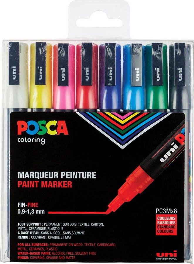 Posca Uni Stiften Standard Colors 8 stiften PC3M 0.9-1.3 mm lijn