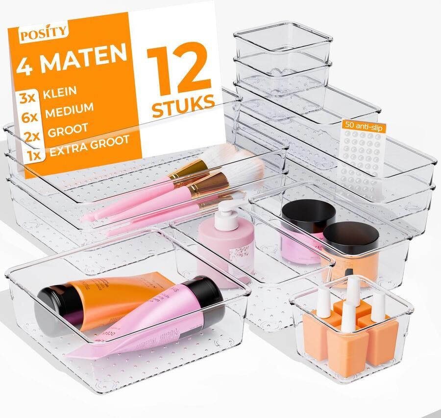 Posity Lade organizer – organizer bakjes voor make up badkamer bureau keuken – Make-up Organizer – Lade bakjes -ladeverdeler 12 Stuks – Plastic – Transparant