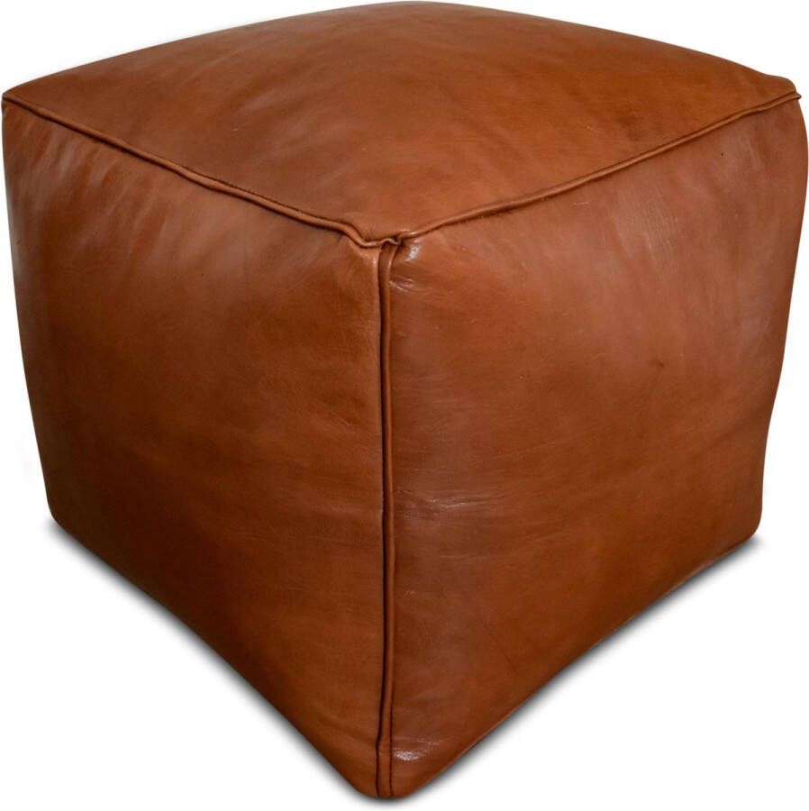 Poufs&Pillows Leren poef Caramel Vierkante poef Handgemaakt en uniek 40x40x35 Gevuld geleverd