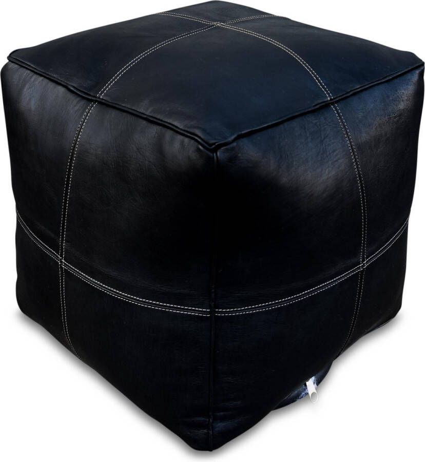 Poufs&Pillows Vierkante zwarte leren poef handgemaakt en stijlvol gevuld geleverd Scandinavisch minimalistisch design