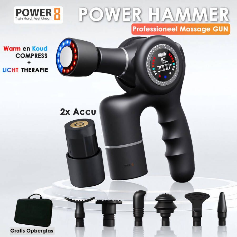 POWER-8 Power Hammer professioneel massage gun met druk sensor en speciale warm en koud compress massagekop Diepe Spierontspanning en Herstel Massage apparaat Massage gun professioneel Massage-gun rugpijn spierpijn fitness massage