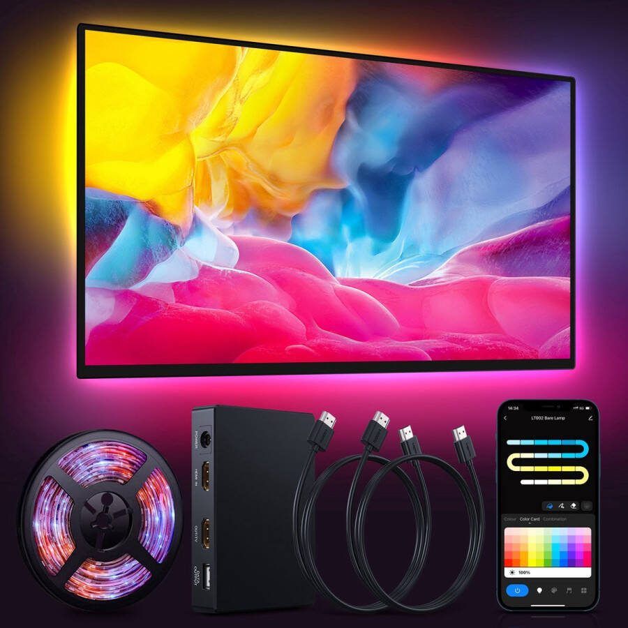 Merkloos TV Backlight Set geschikt voor 55-65 inch TV's Led Verlichting Ambient Light HDMI 2.0 met Sync Box TV Led Strips Gaming Ledstrip TV Achtergrondlicht App Gebruik Tuya Smartlife 3.8 Meter