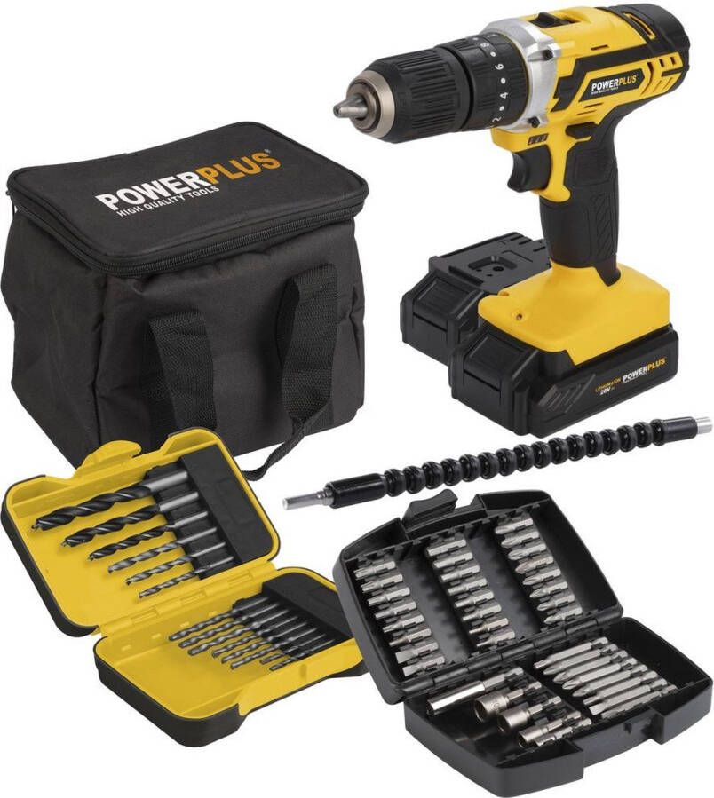Powerplus Accu klopboormachine POWX00840 3 in 1: boren hamerboren en schroeven 20 V boormachine 40 Nm Links en rechts schroeven Incl. 2 accu's 2.0 Ah en 1 lader 53 accessoires