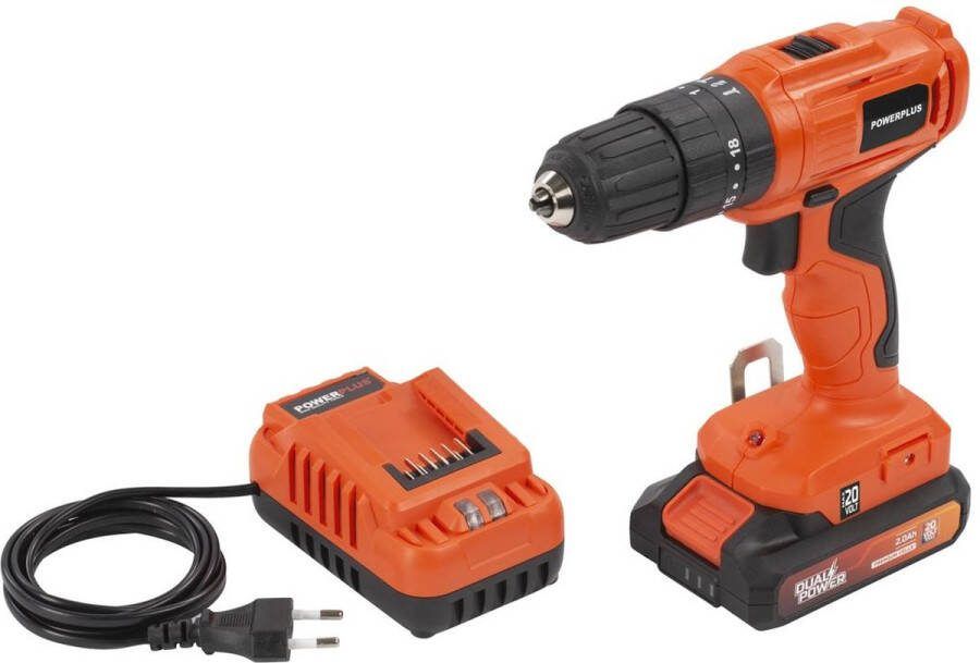 Powerplus Accu schroef- en klopboormachine POWDPO1110 Schroeven klopboren en boren 20 V boormachine 30 Nm Links en rechts schroeven Met accu en lader