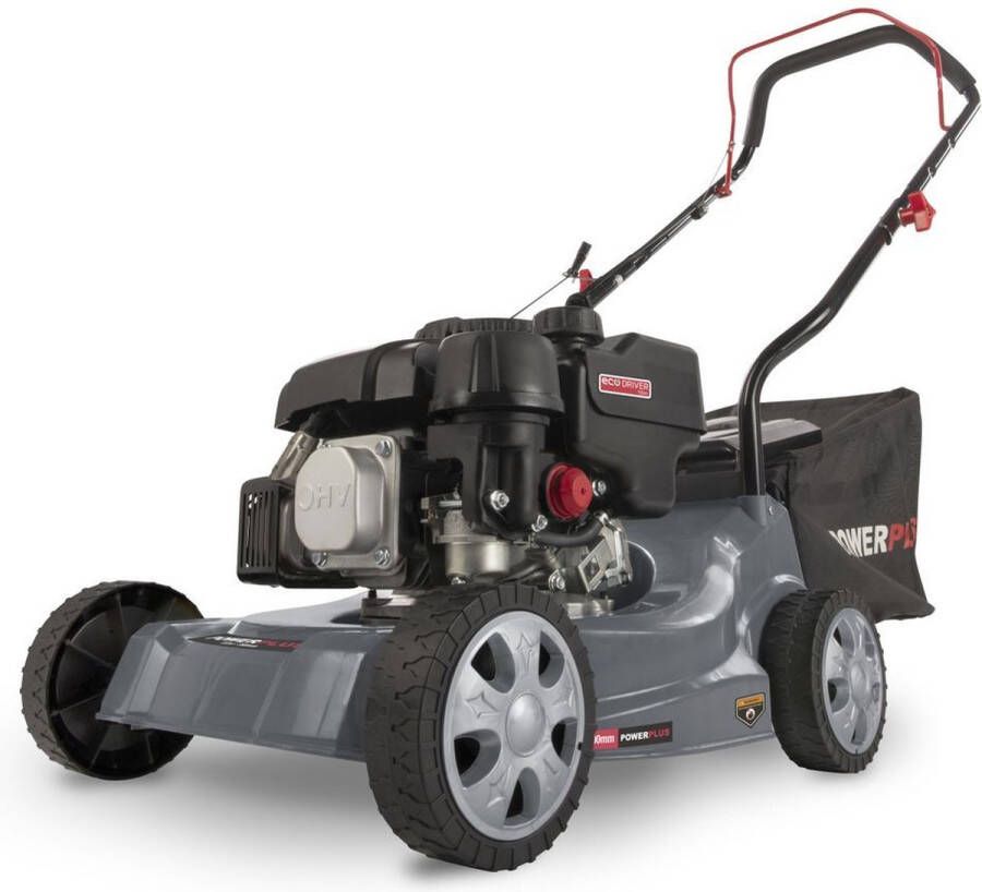 Powerplus Benzine Grasmaaier POWEG63732 met 390 mm Ø en 132 cc bezine grasmachine op benzine werkende tuingereedschap met grasopvangbak en achteruitworp