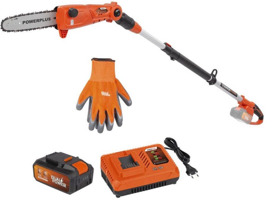 Powerplus Dual Power Telescopische Accu-kettingzaag POWDPGSET42 Snoeizaag op batterij van 40 V met zwaard met accu en lader zaagblad van 25 cm automatische kettingsmering tuingereedschap