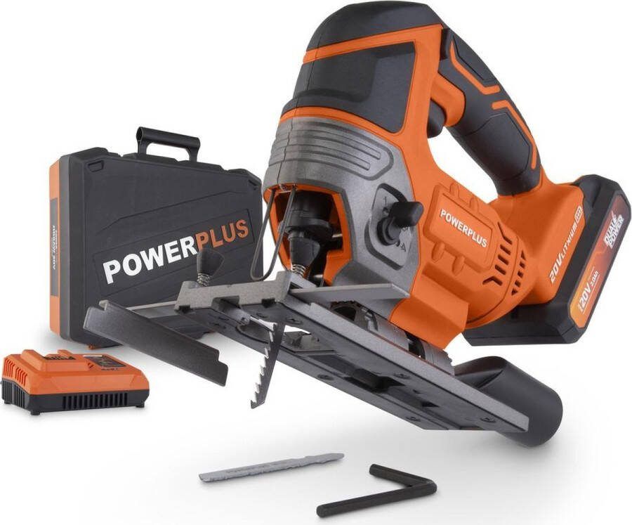 Powerplus Dual Power POWDP25310 Decoupeerzaag 20V Incl. 1x 20V 2.0Ah accu lader accessoires stofzuigaansluiting parallelgeleider en opberkoffer
