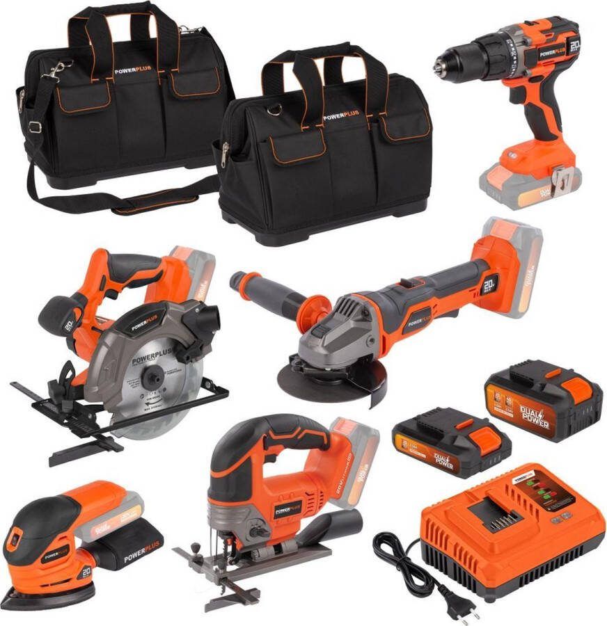 Powerplus Dual power Set elektrisch gereedschap POWDPSET32 40 V incl. 1 batterij 20V 2.0Ah 1 batterij 2x20V 2.5Ah 5Ah en lader
