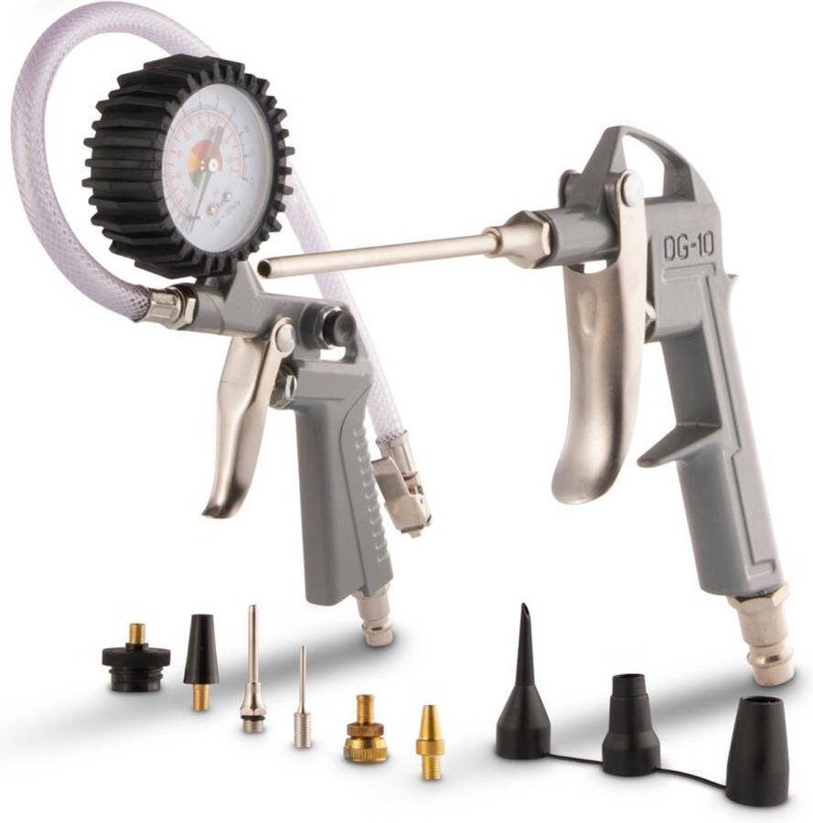 Powerplus POWAIR0023 Pneumatische blaaspistool set 13 delig Max. druk: 8bar Incl. luchtpistool bandenvulpistool met manometer en 11 accessoires