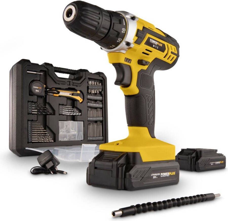 Powerplus POWX00830 Accu boormachine Schroefboormachine Boormachine accu schroevendraaier 20V Incl. 2 x 20V Li-ion accu's lader en 134-delige gereedschapskoffer met schroefbits Voor hout steen en metaal