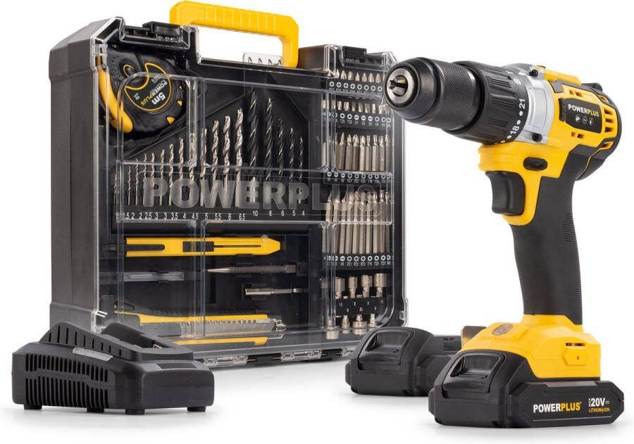 Powerplus Accu klopboormachine POWX00850 3 in 1: boren hamerboren en schroeven 20 V boormachine 60 Nm Links en rechts schroeven Incl. 2 accu's 2.0 Ah en 1 lader 78 accessoires