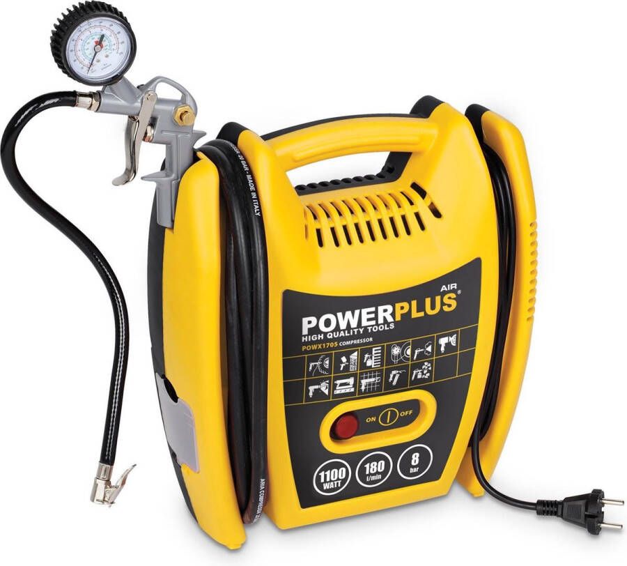 Powerplus POWX1705 Compressor Luchtcompressor 1100W 8 bar 3m slang Incl. 8 accessoires